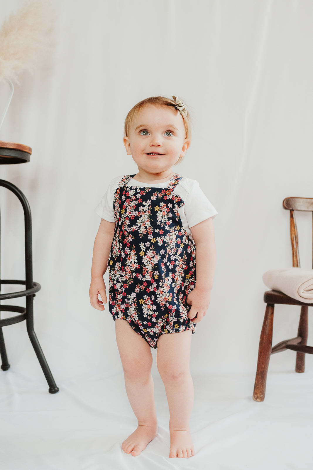 Dungaree Romper 0-3yrs - Navy and Pink Floral