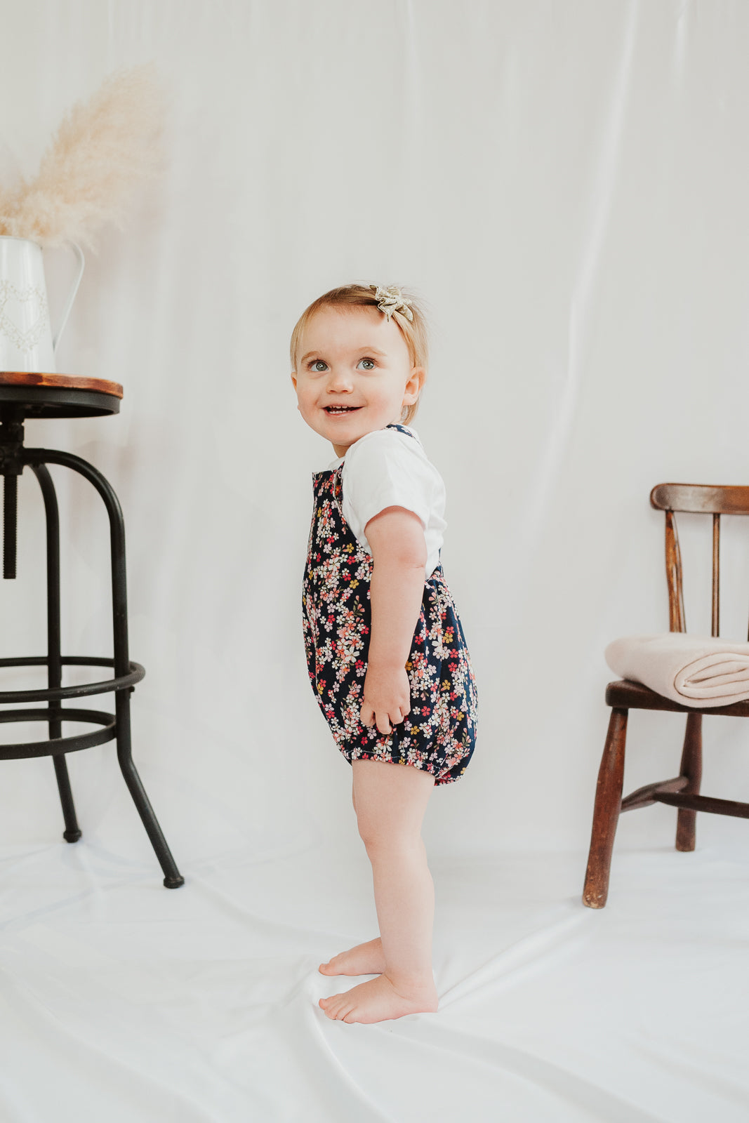 Dungaree Romper 0-3yrs - Navy and Pink Floral